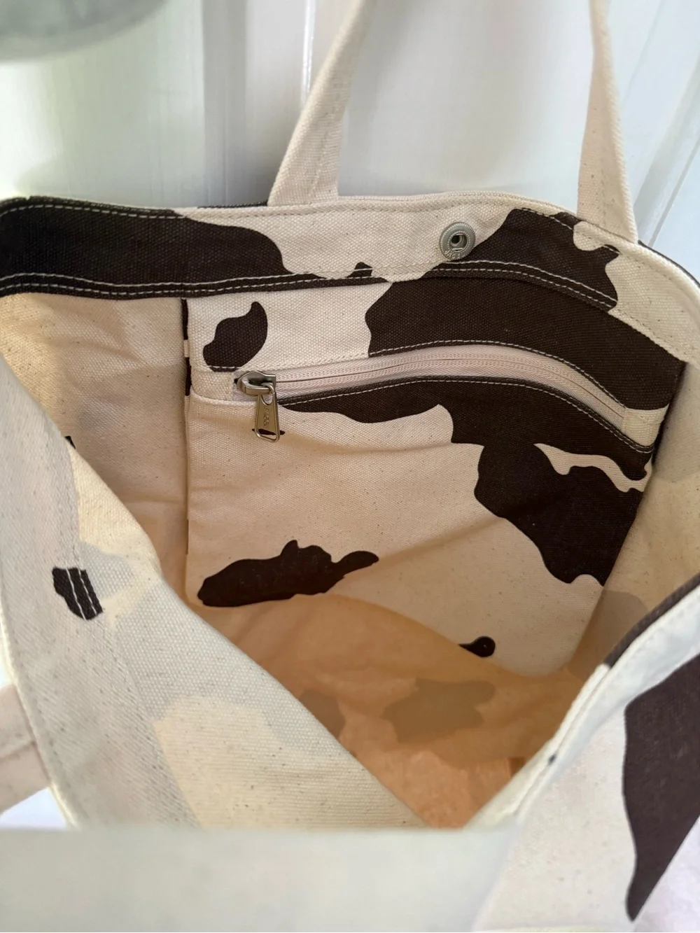 BAGGU Cow Print Canvas Tote in Cream and Brown